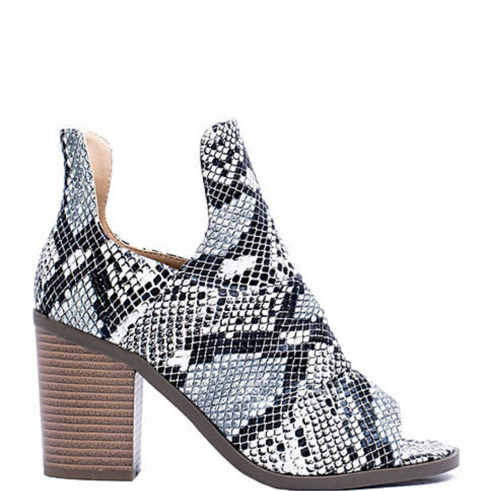 Snake Print Open Toe Slip On Booties